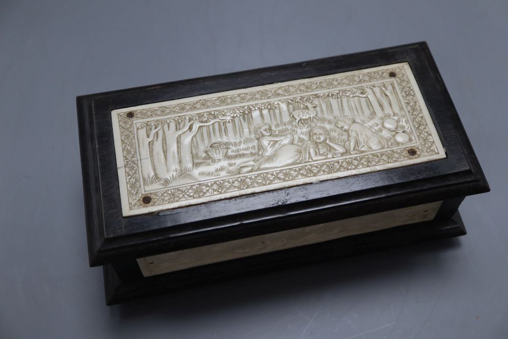 An Indian ivory inlaid mounted box, length 23cm